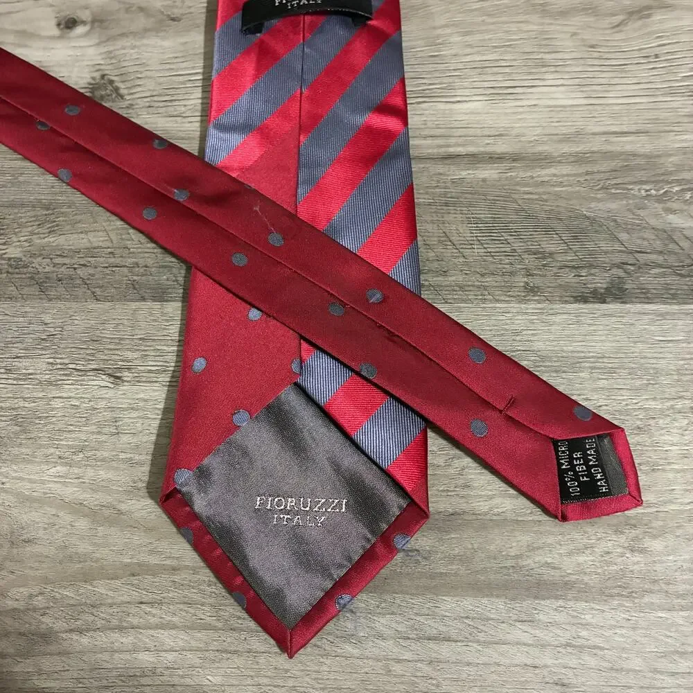 Fioruzzi Italian Designer Red Gray Striped Dots Dress Necktie